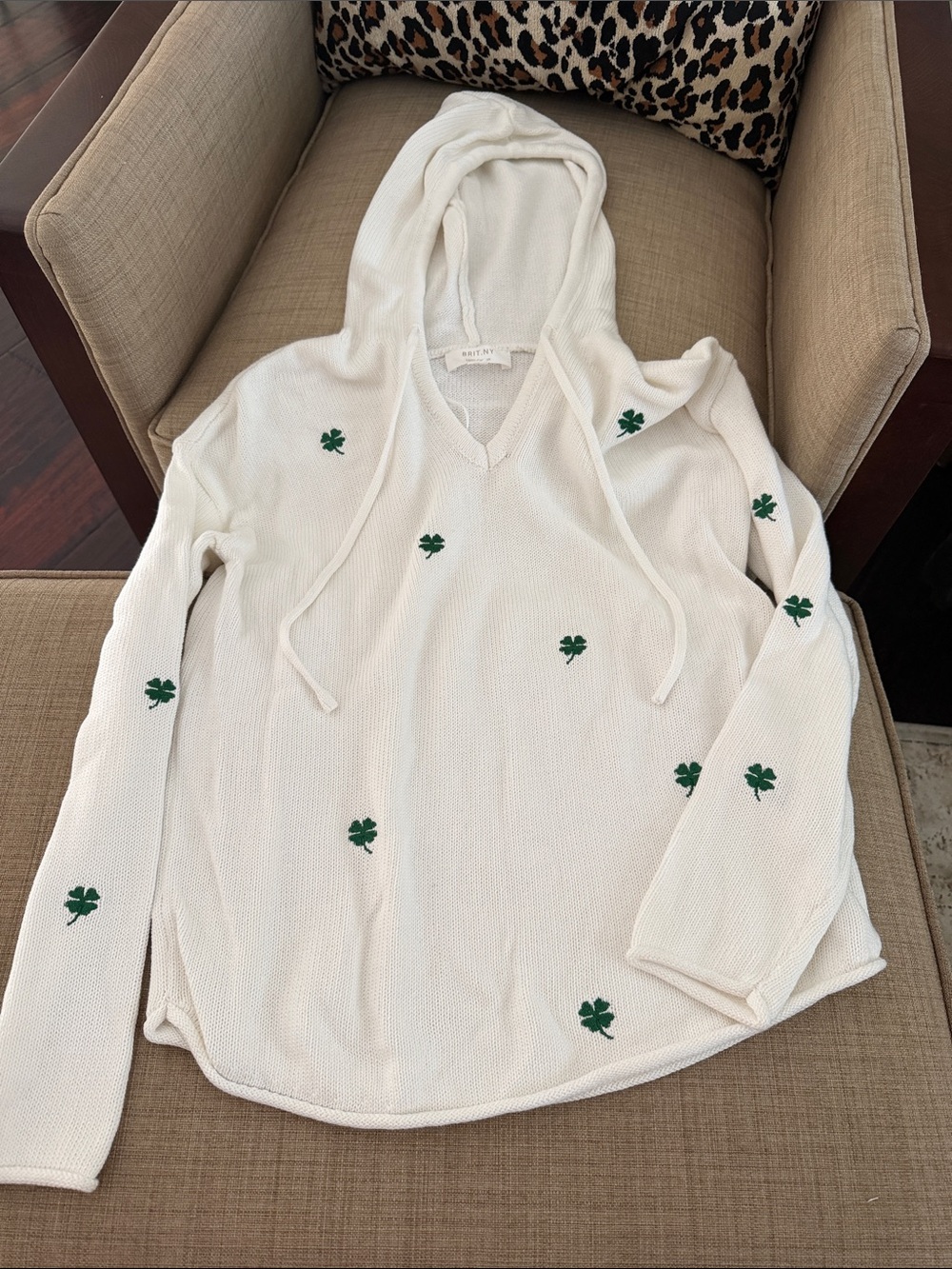 White Knit Hoodie Sweater with Green Clover Embroidery